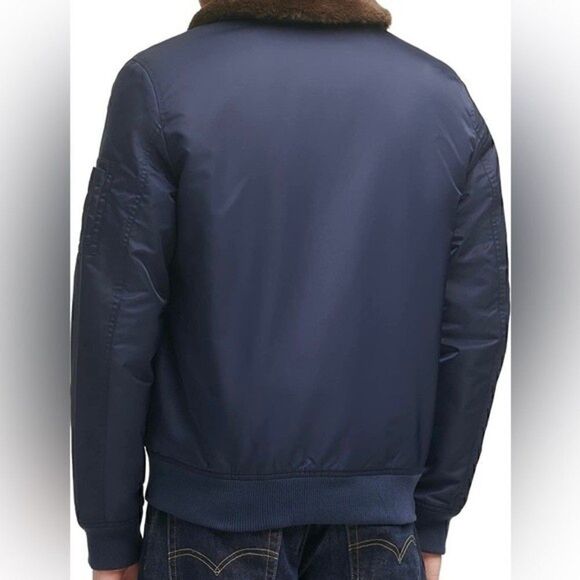 New LEVI'S Men's Large Flight Bomber Jacket Faux Fur Removable Collar Navy XL - Picture 5 of 11